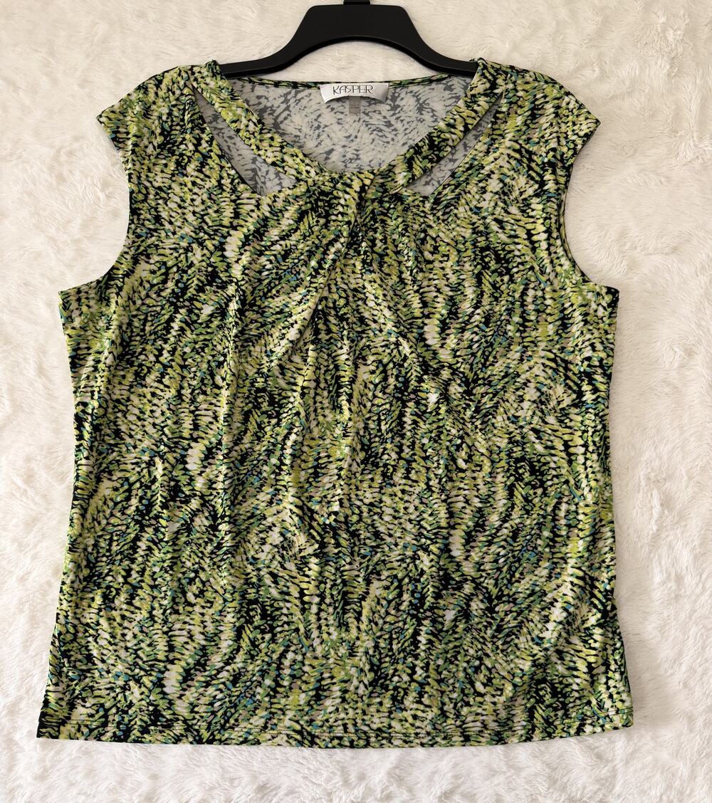 Kasper Sleeveless Top Womens Large Green Black Animal Print Cutout Twist Neck